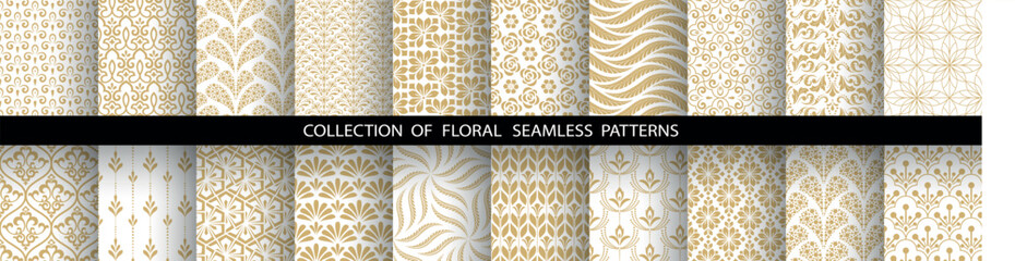Fototapete - Geometric floral set of seamless patterns. White and golden vector backgrounds. Damask graphic ornaments