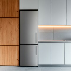 Poster - Minimalist Luxury Kitchen Design Seamless Stainless Steel Refrigerator Integration with Warm Wood Accents - Contemporary Home Innovation Meets Elegant Spatial Efficiency
