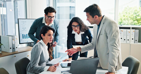 Poster - Paperwork, laptop or business people with shareholders in discussion for planning and capital growth. Manager, accounting graphs and financial advisors in meeting with executive directors for budget