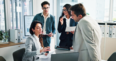 Poster - Meeting, document or business people with shareholders in discussion for planning or capital growth. Manager, contract negotiation or financial advisors in boardroom office with executive directors