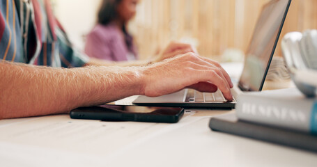 Aufkleber - Hands, student or man typing on laptop for university exam in class with info, research or education. Business, scholarship and person in college with technology, learning or online for knowledge