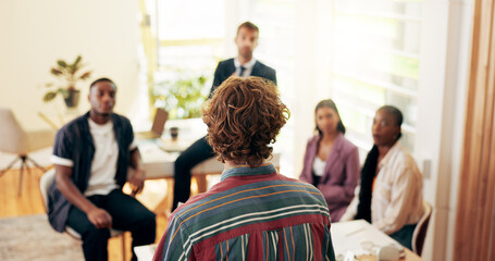 Poster - Teamwork, meeting and business people in office, conversation and planning for project. Productivity, journalist and coworking with presentation for article, feedback and review with magazine editor