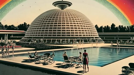 Poster - Retrofuturistic landscape in 80s sci-fi style. Retro science fiction scene with futuristic buildings