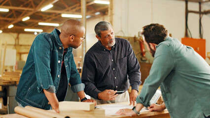 Poster - Carpentry, teamwork and men in workshop for woodwork on furniture, restoration and lumber manufacturing. Construction, meeting and carpenters planning with planks, timber and board for renovation