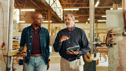Aufkleber - Talking, carpenter or people on tablet in workshop for factory, check inventory and furniture manufacturing. Woodworking, carpentry and online update for timber, lumber and construction business