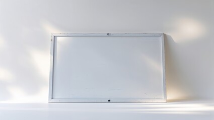 Poster - empty frame with worn edges resting on a smooth surface by a sunlit wall in a minimalistic interior 