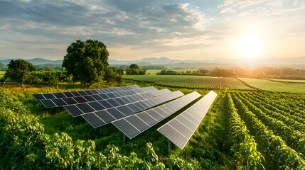 Poster - solar panels arranged in rows across a lush green field surrounded by rolling hills and a vibrant sk