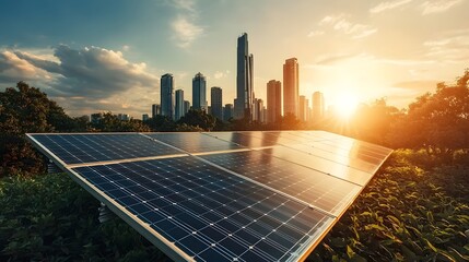 Poster - solar panels installed in a lush green landscape with a vibrant city skyline in the background showc