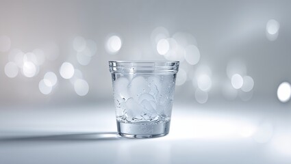 Poster - Clear glass filled with ice cubes sits on a reflective surface with blurred lights in the background