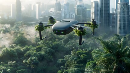 Poster - an advanced drone hovers above a modern city skyline blending the urban environment with lush vegeta