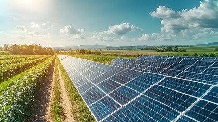 Poster - rows of solar panels in a rural countryside field generating clean sustainable electricity from the 
