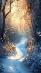Poster - Snowy trail winding through a serene forest at dawn with golden sunlight filtering through the trees