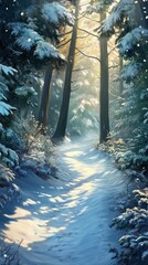 Poster - Snowy trail winds through a serene forest surrounded by tall trees and soft sunlight filtering through the branches