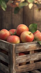 Poster - Close-up view of a wooden crate filled with freshly picked red apples under soft natural light