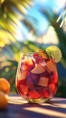 Poster - Refreshing summer drink with fruit garnishes served in a glass under sunlight near tropical foliage