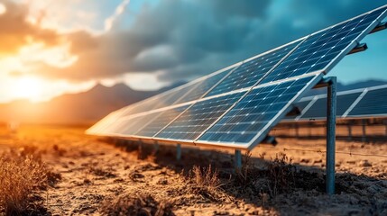 Poster - a large field of solar energy panels set against a backdrop of mountains with a dramatic sky and atm