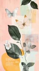 Fototapete - Spring collage featuring butterflies and botanical elements in soft pastel colors