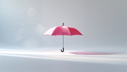 Poster - Pink and white umbrella stands alone on a minimalist surface in bright light showcasing simplicity and elegance