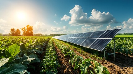 Poster - a vast solar panel array situated in a flourishing agricultural field surrounded by verdant vegetati
