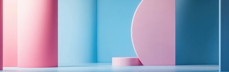 Poster - Soft pastel blue and pink arcs blend harmoniously in a serene interior setting with modern geometry