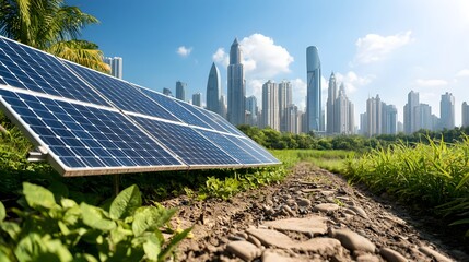 Poster - rows of solar energy panels installed in a grassy area with a vibrant urban skyline of tall skyscrap