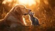 © nur khayati w - Golden Retriever, kitten sunset, field, affection, pet