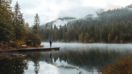 Poster - Person stands on a pier surrounded by misty mountains and calm waters at an early morning lake