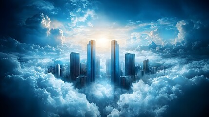 Poster - a futuristic dreamlike city skyline with tall glass and steel skyscrapers emerging from a dramatic c