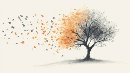 Aufkleber - Elegant tree silhouette with falling leaves showcasing autumn transformation in a serene landscape