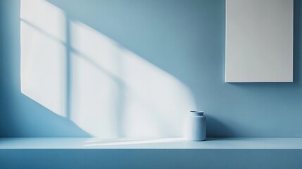 Leinwandbilder - Elegant gradient design featuring soft light and shadows on a minimalist blue wall with a vase