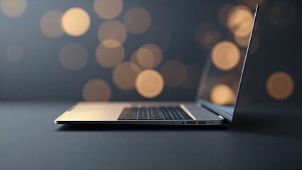 Poster - Sleek laptop design showcased with blurred bokeh lights in the background during evening hours