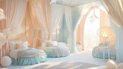 Aufkleber - Whimsical fairy-tale-inspired room with soft colors and enchanting decor for a cozy and dreamlike atmosphere