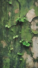 Aufkleber - Weathered concrete with moss and greenery showcasing nature's reclamation in a serene, tranquil setting