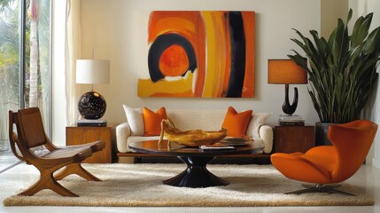 Aufkleber - Vibrant living room featuring bold art pieces with a modern design and an inviting atmosphere