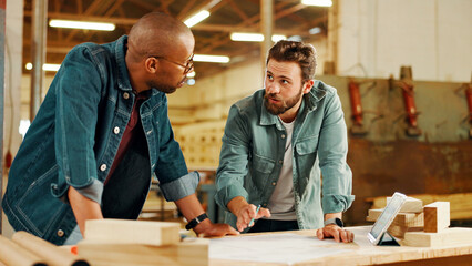 Poster - Carpentry, meeting and men in workshop for woodwork on furniture, restoration and lumber manufacturing. Construction, factory and carpenters planning with planks, timber and board for renovation