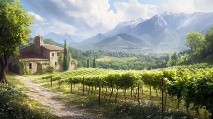 Poster - Tranquil spring landscape with vineyards and mountains near a rustic countryside home