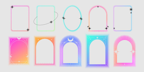Poster - Y2k gradient frame set - rectangular backgrounds, arched window shapes in pastel colors. Pink, purple, blue hues with glowing auras and sparkles. Trendy retro borders. Aesthetic abstract elements.