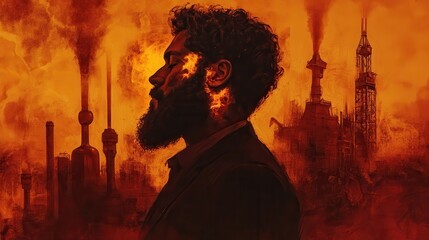 Aufkleber - Surreal portrait of a glowing man set against a fiery industrial landscape depicting transformation and change