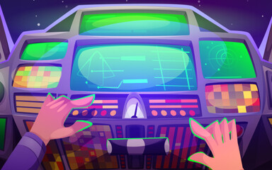 Poster - Hands on futuristic spaceship cockpit controls - pilot driving sci fi spacecraft with neon glowing dashboard with holographic screens and indicators. First person view from captain cabin, space travel
