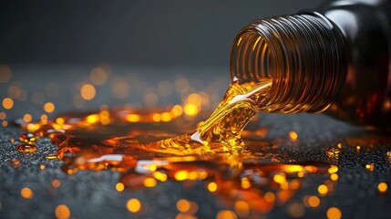 Fototapete - A glossy black car oil bottle with golden oil spilling out, isolated on a gray background 