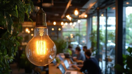 Poster - Soft glowing vintage light bulb creating a warm atmosphere in a modern workspace filled with greenery