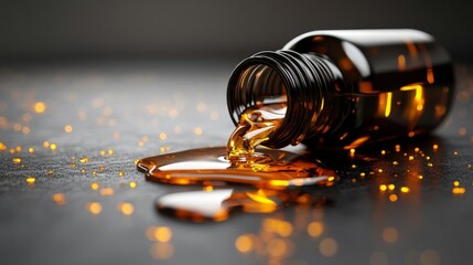 Fototapete - A glossy black car oil bottle with golden oil spilling out, isolated on a gray background 