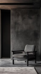 Poster - Sleek monochrome interior featuring a minimalist chair against a textured dark wall in a modern space