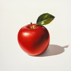Poster - Shiny red apple with green leaf showcasing vibrant color and simplicity on white background