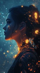 Poster - Portrait of a serene woman surrounded by glowing mystical elements in a tranquil setting at twilight