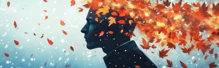Aufkleber - Mystical profile of a man filled with colorful autumn leaves against a soft snowy backdrop at dawn