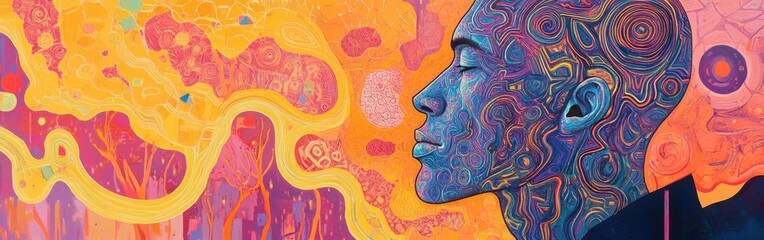 Aufkleber - Mystical profile of a man filled with vibrant patterns and colors against an enchanting backdrop