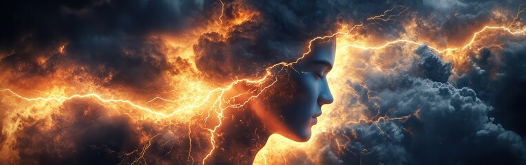 Poster - Mystical profile of a man surrounded by vibrant clouds and striking lightning at dusk