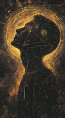 Aufkleber - Mystical profile of a man illuminated by intricate golden patterns and celestial designs