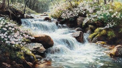 Poster - Mountain stream flows gracefully over rocks and surrounded by blooming flowers in a serene natural setting
